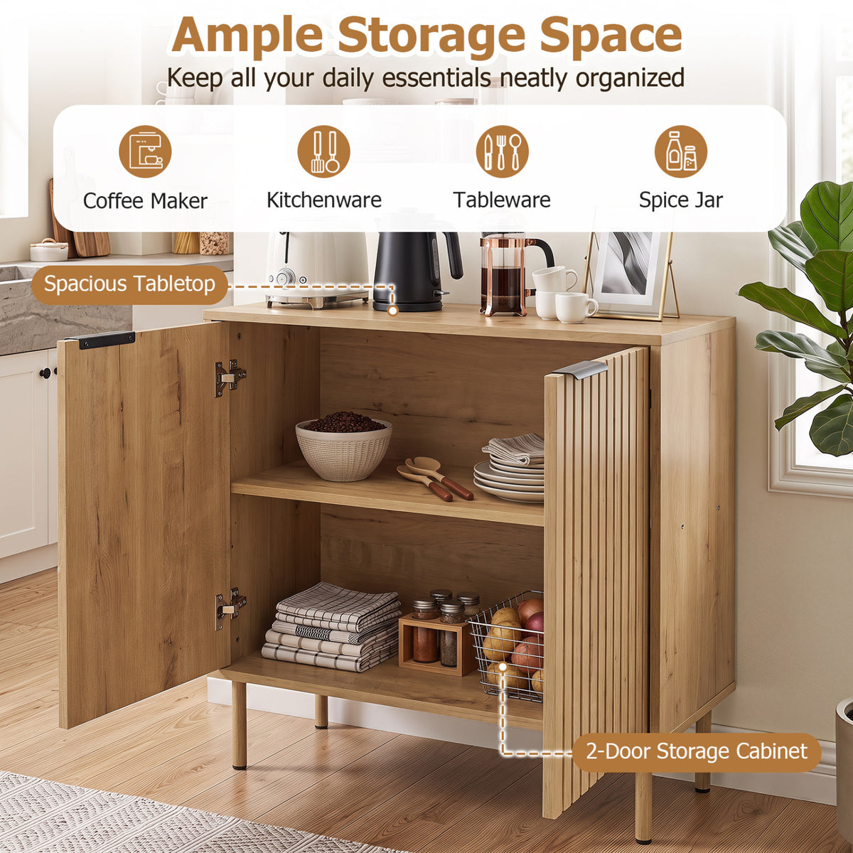 Fluted Buffet Cabinet with 2-Door Sideboard for Kitchen and Dining Room-Oak view 7