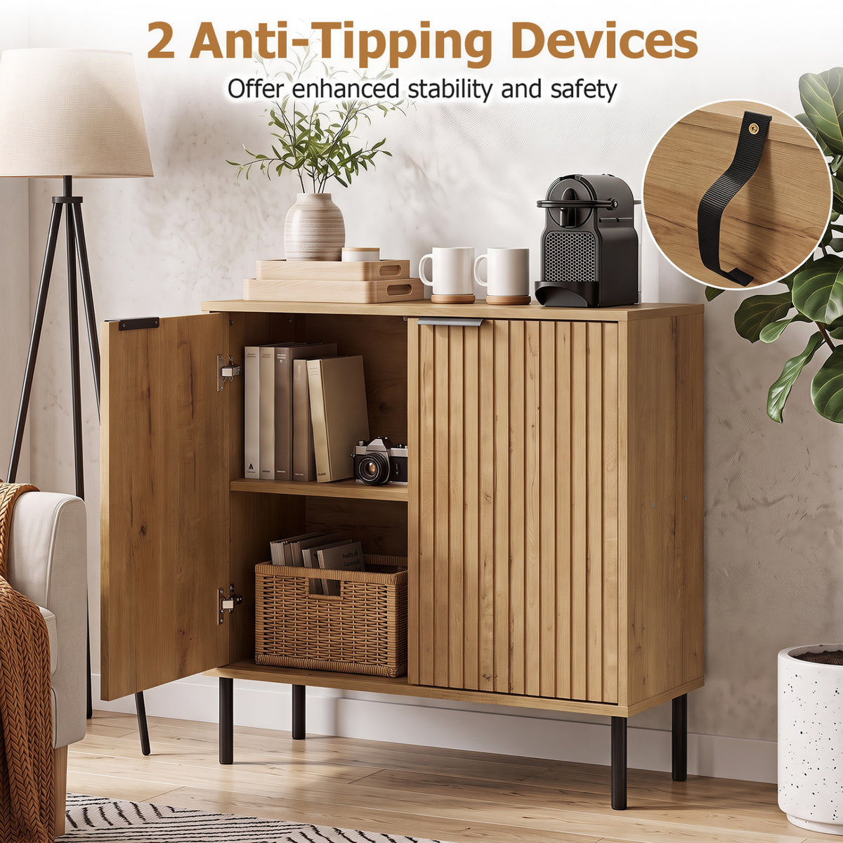 Fluted Buffet Cabinet with 2-Door Sideboard for Kitchen and Dining Room-Oak view 8