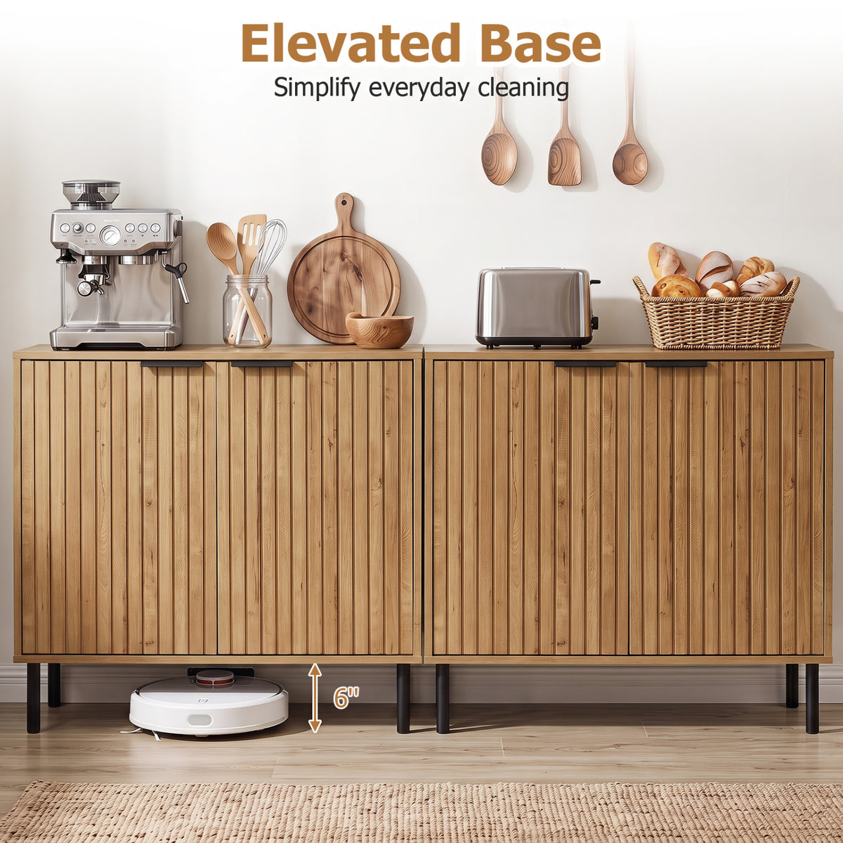Fluted Buffet Cabinet with 2-Door Sideboard for Kitchen and Dining Room-Oak view 9