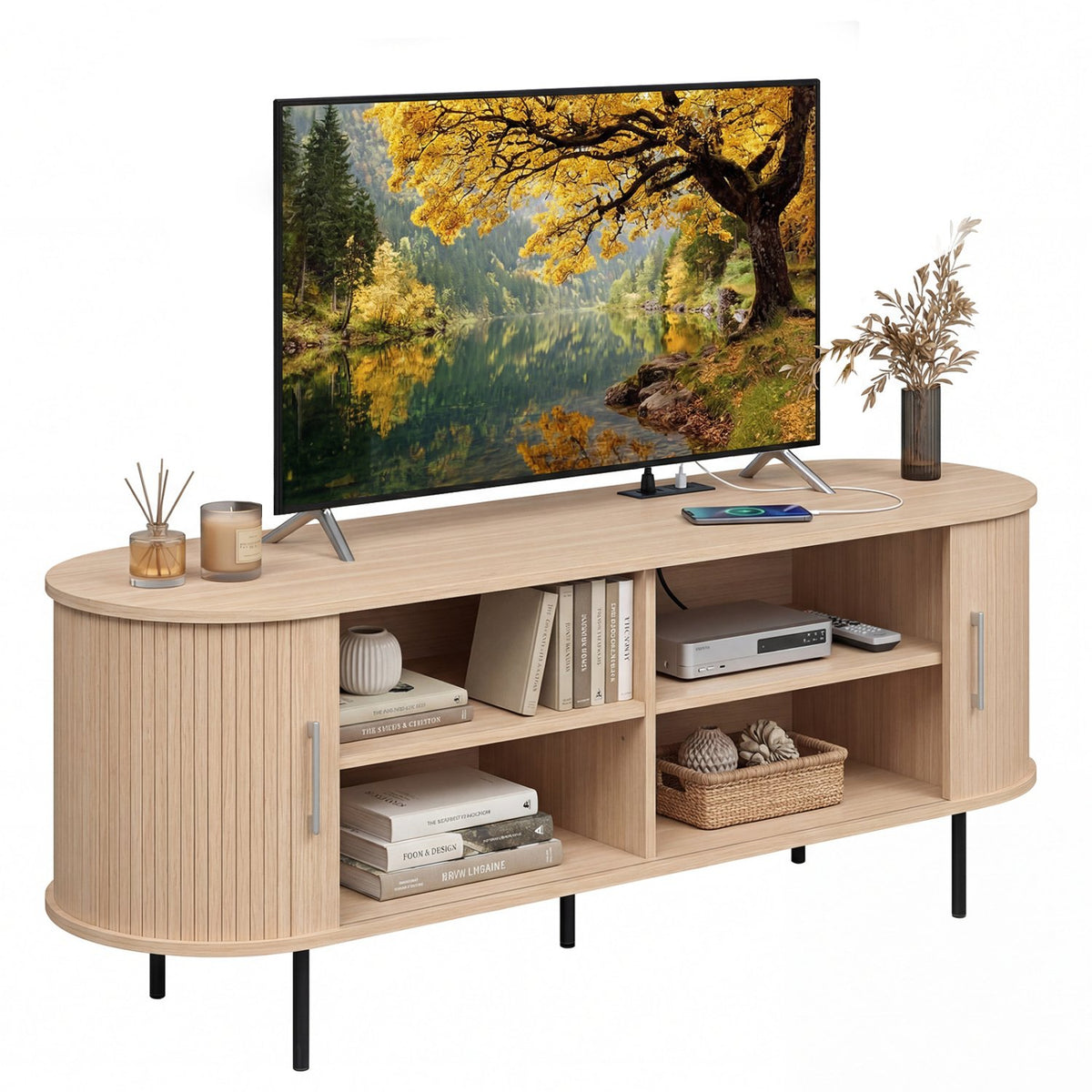 Fluted TV Stand for TVs up to 60 inches Mid Century Curved Entertainment Center-Natural