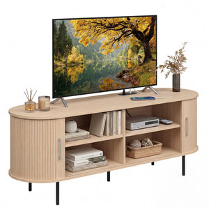 Fluted TV Stand for TVs up to 60 inches Mid Century Curved Entertainment Center-Natural