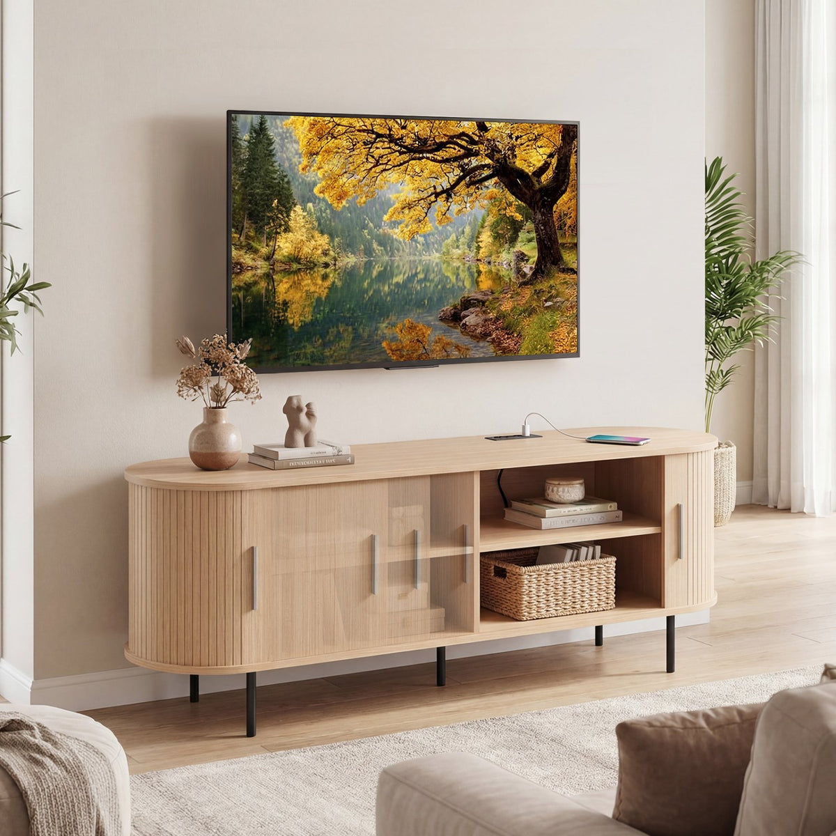 Fluted TV Stand for TVs up to 60 inches Mid Century Curved Entertainment Center-Natural view 2