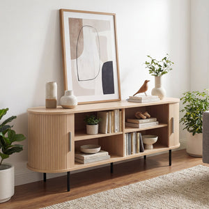 Fluted TV Stand for TVs up to 60 inches Mid Century Curved Entertainment Center-Natural view 3