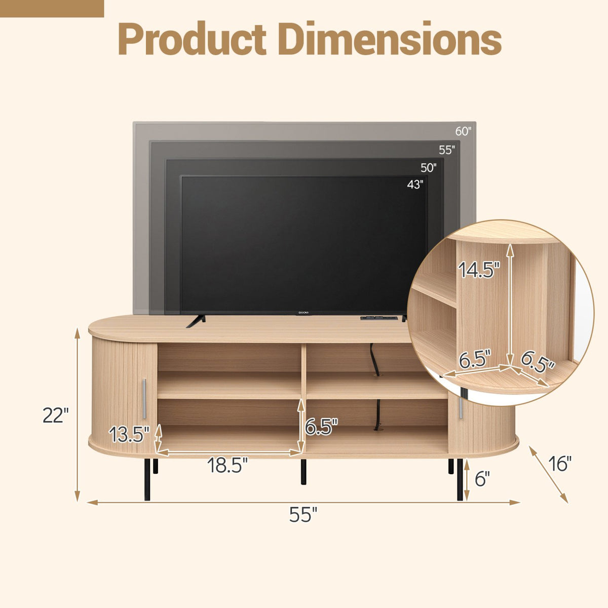 Fluted TV Stand for TVs up to 60 inches Mid Century Curved Entertainment Center-Natural view 4