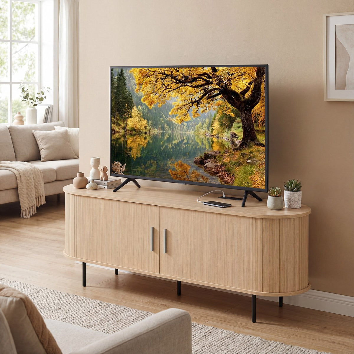 Fluted TV Stand for TVs up to 60 inches Mid Century Curved Entertainment Center-Natural view 5