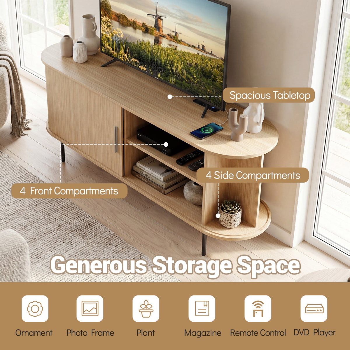 Fluted TV Stand for TVs up to 60 inches Mid Century Curved Entertainment Center-Natural view 7