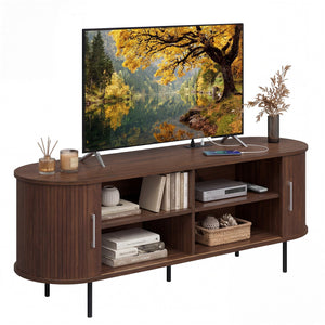 Fluted TV Stand for TVs up to 60 inches Mid Century Curved Entertainment Center-Walnut
