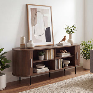 Fluted TV Stand for TVs up to 60 inches Mid Century Curved Entertainment Center-Walnut view 3