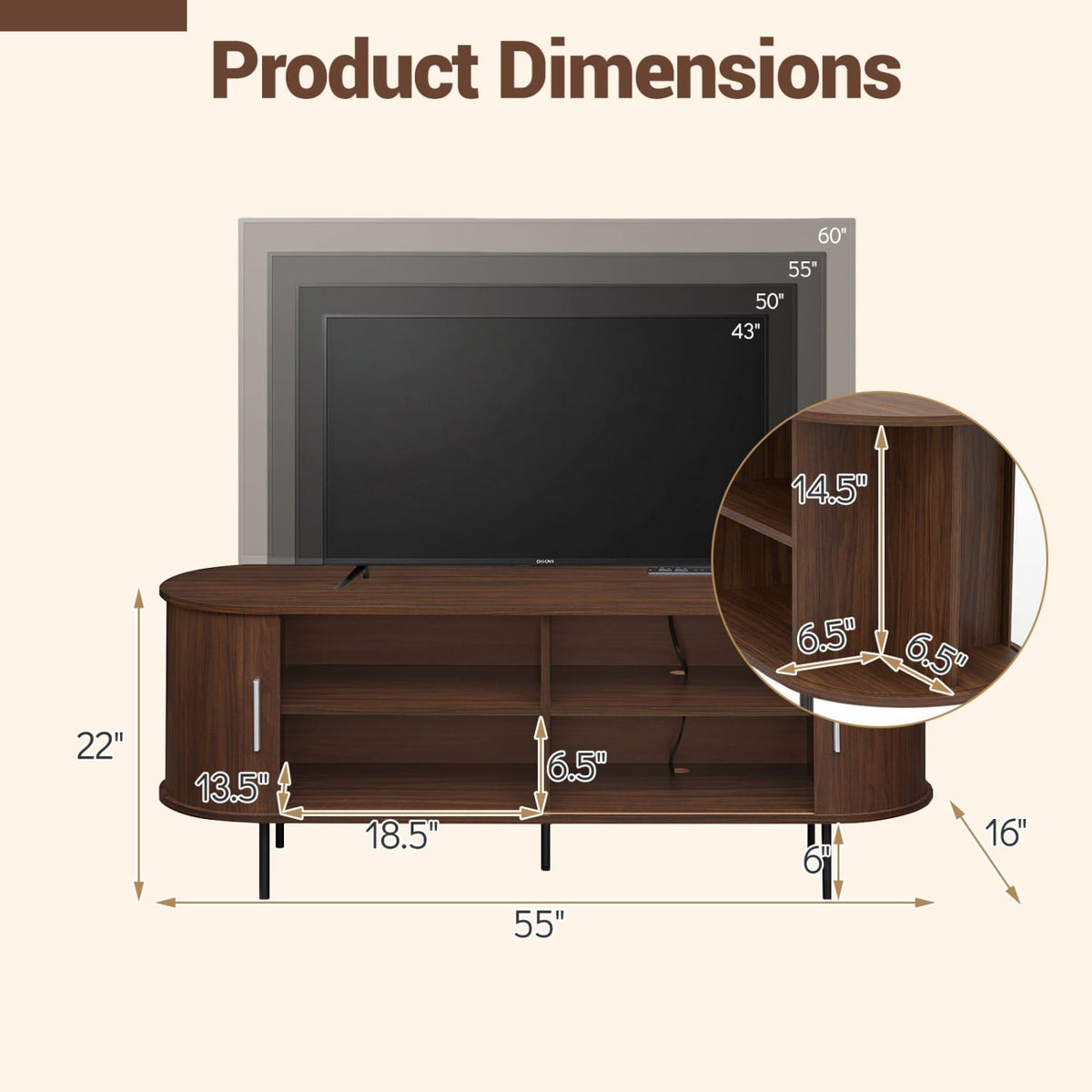 Fluted TV Stand for TVs up to 60 inches Mid Century Curved Entertainment Center-Walnut view 4