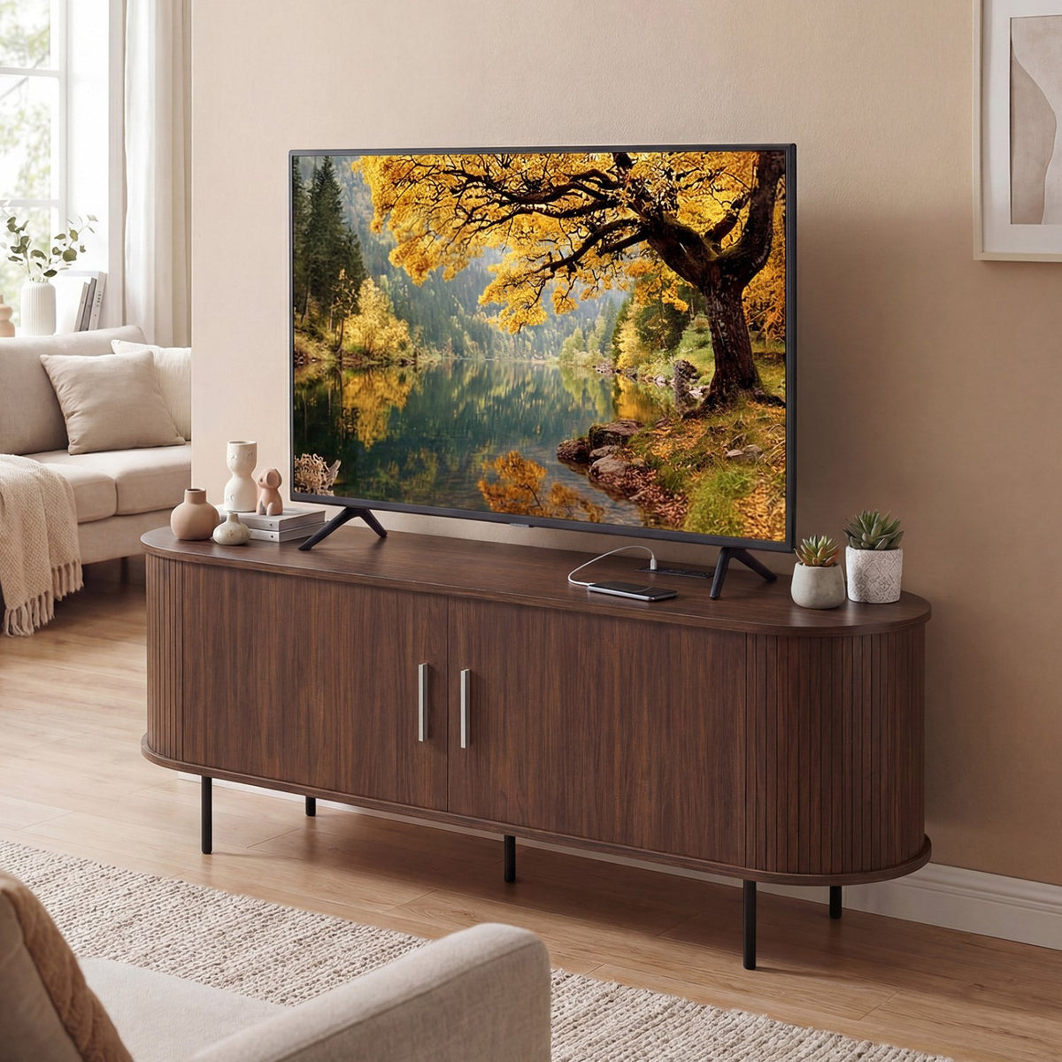 Fluted TV Stand for TVs up to 60 inches Mid Century Curved Entertainment Center-Walnut view 5