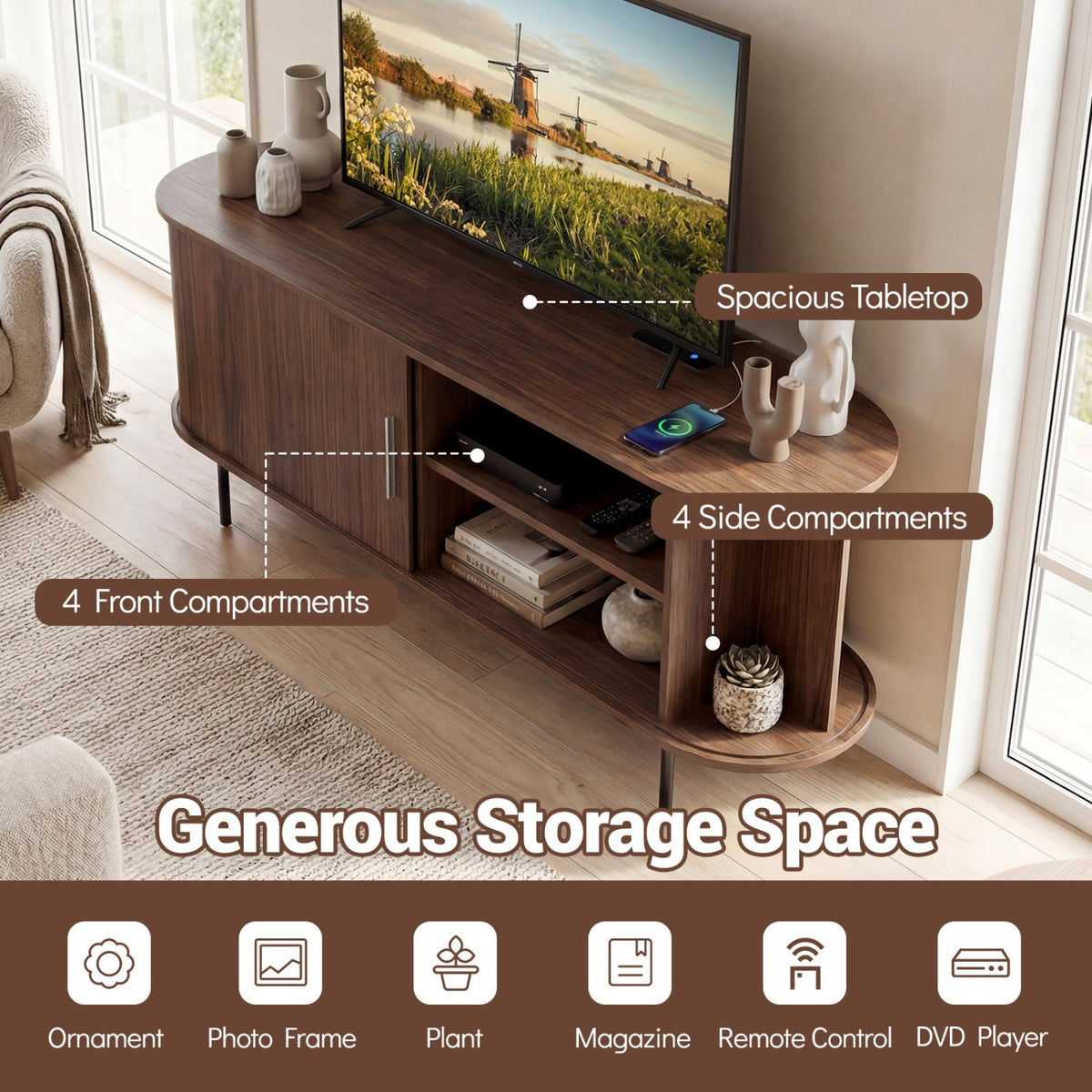 Fluted TV Stand for TVs up to 60 inches Mid Century Curved Entertainment Center-Walnut view 7
