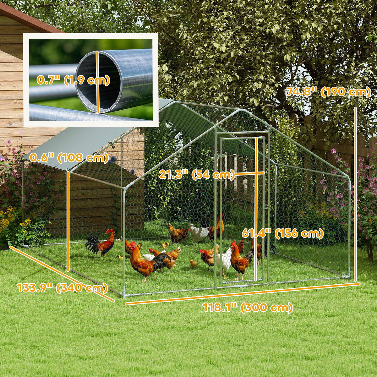 Metal Chicken Coop, 9.8 x 5.6 FT Walk-in Chicken Run with Cover, Lockable Door, Outdoor Poultry Cage for 5-8 Chickens