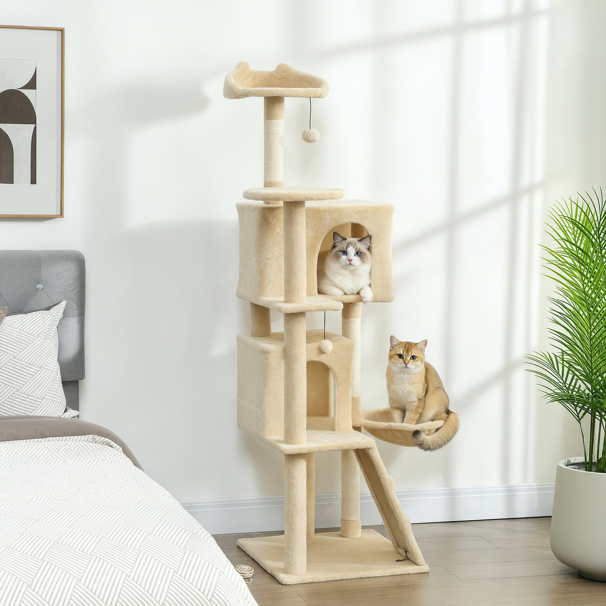 63 Inch Cat Tree with Sisal Scratching Posts, Condos, Plush Perches, Hammock, Ladder, Dangling Balls, Beige – view 7