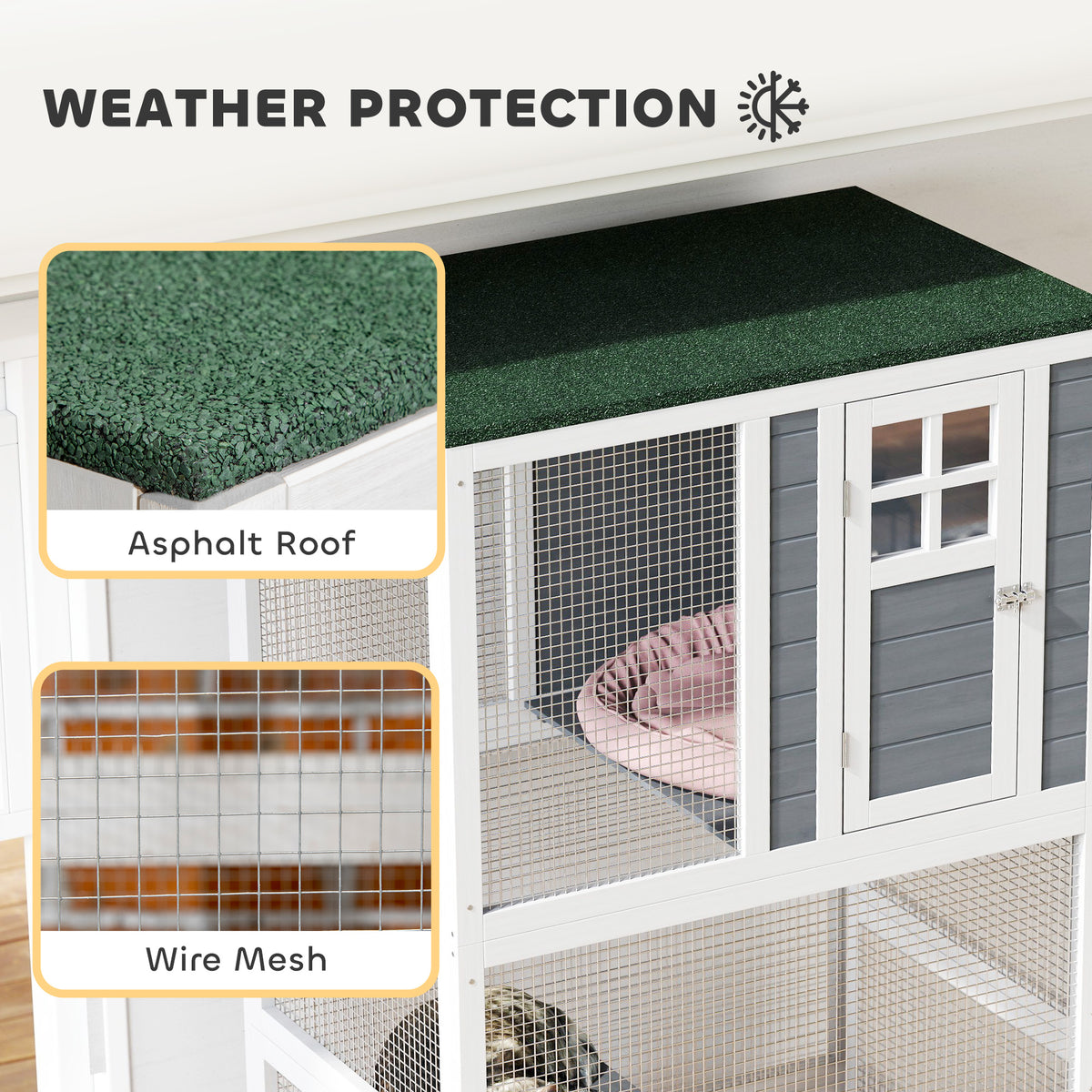 74" Wooden Outdoor Cat House Weatherproof & Wheeled with High Weight Capacity, Kitten Cage Condo, White