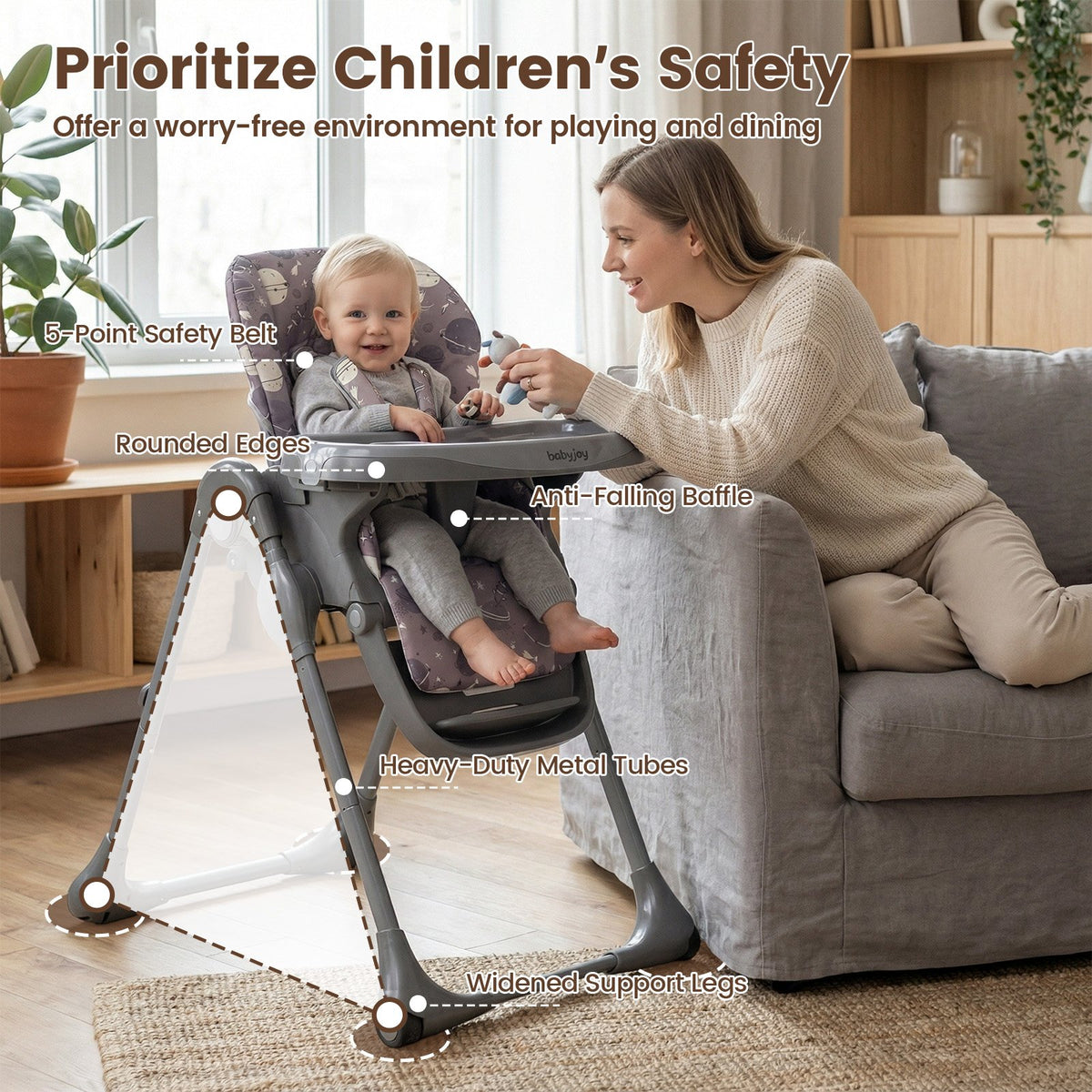 Folable High Chair with Detachable Cushion and High Chair for Babies and Toddlers-Gray view 9