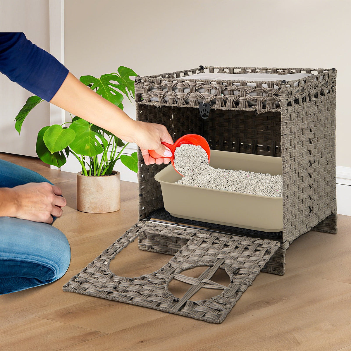 Foldable 2-tier Rattan Cat Litter Box Enclosure with Litter Mat-Grey view 3