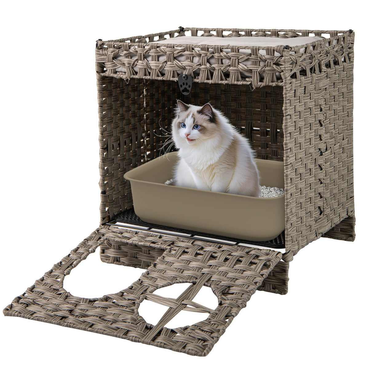 Foldable 2-tier Rattan Cat Litter Box Enclosure with Litter Mat-Grey view 4