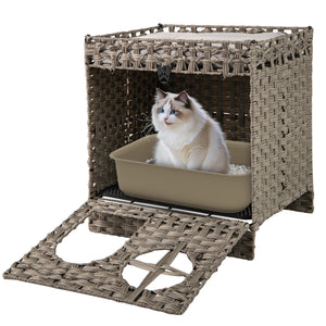 Foldable 2-tier Rattan Cat Litter Box Enclosure with Litter Mat-Grey view 4
