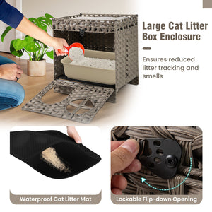 Foldable 2-tier Rattan Cat Litter Box Enclosure with Litter Mat-Grey view 7