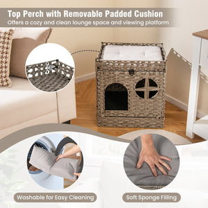 Foldable 2-tier Rattan Cat Litter Box Enclosure with Litter Mat-Grey view 8