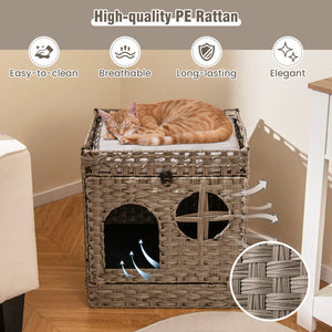 Foldable 2-tier Rattan Cat Litter Box Enclosure with Litter Mat-Grey view 9