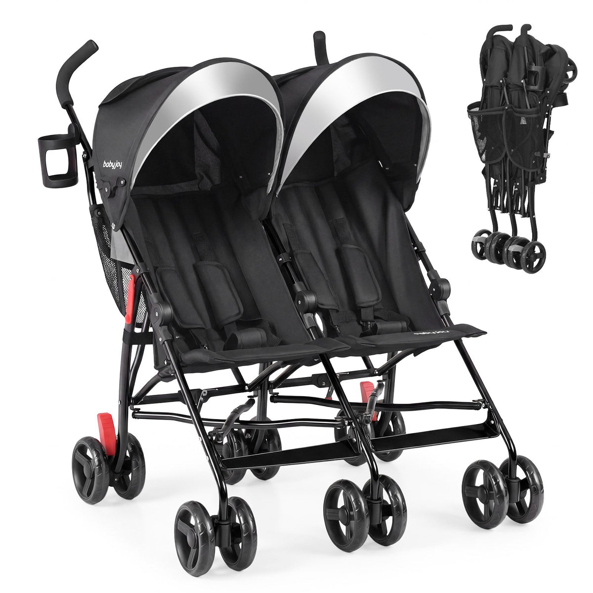 Foldable Twin Baby Double Stroller Ultralight Umbrella Kids Stroller-Black