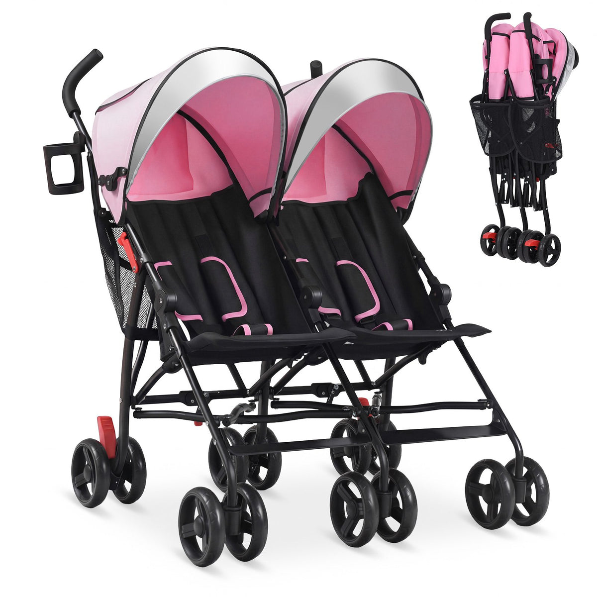 Foldable Twin Baby Double Stroller Ultralight Umbrella Kids Stroller-Pink