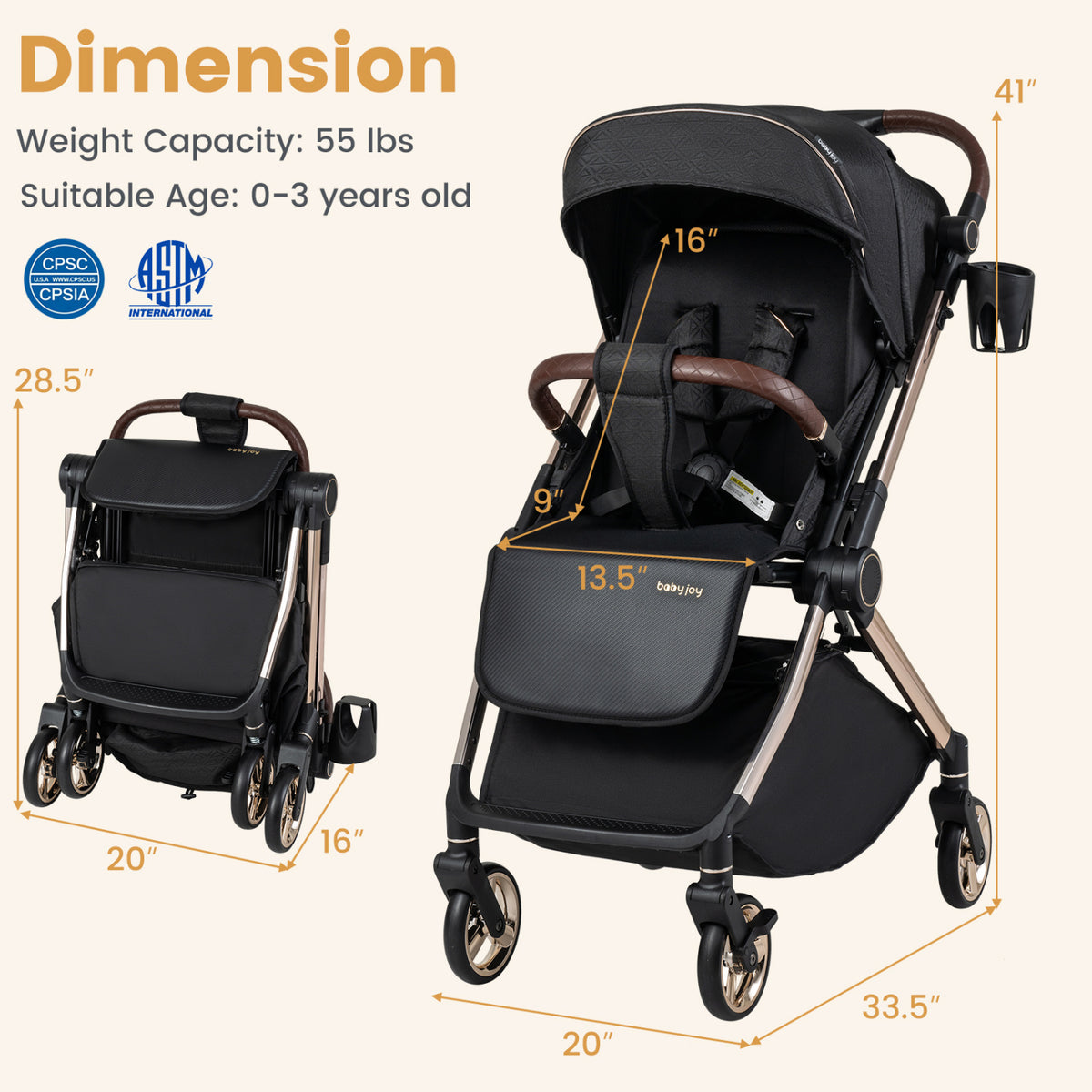 Foldable Baby Stroller with Reversible Handle-Black view 4