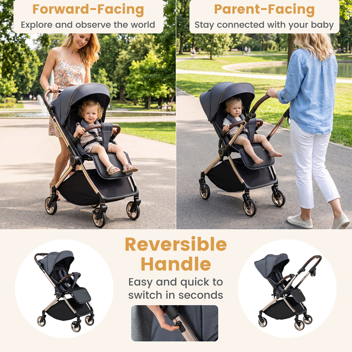 Foldable Baby Stroller with Reversible Handle-Gray view 5
