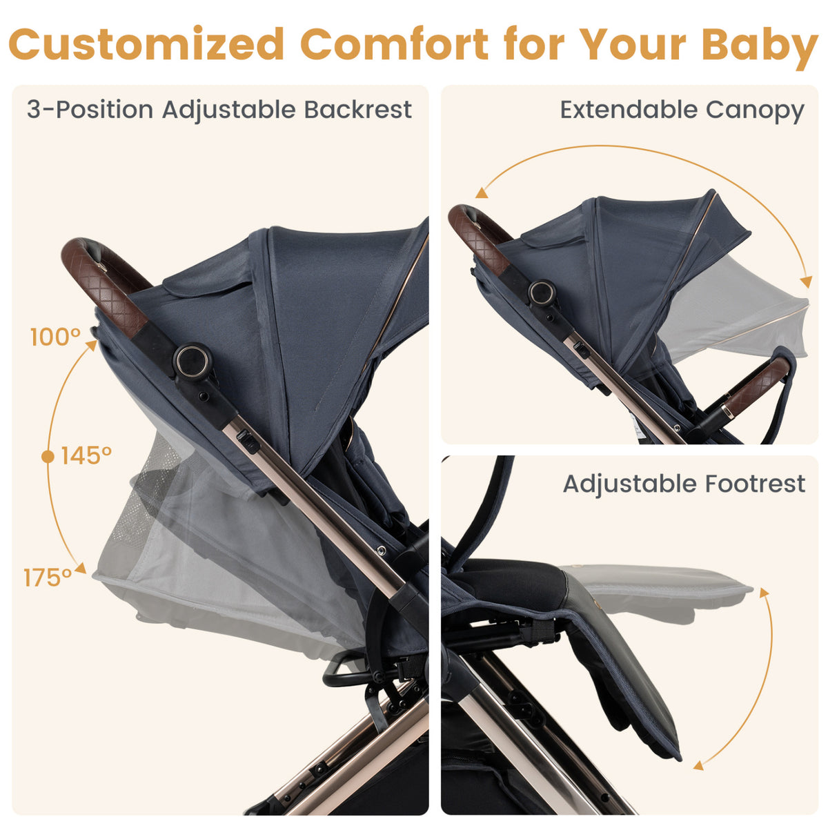 Foldable Baby Stroller with Reversible Handle-Gray view 6