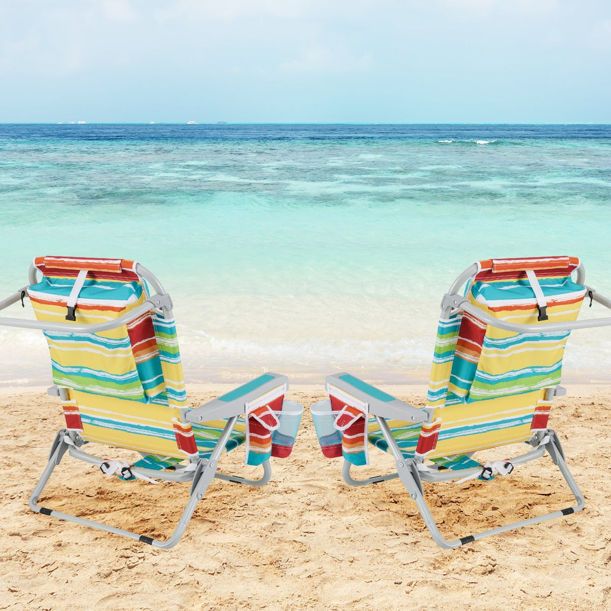 Foldable Backpack Beach Chair with Cup Holder and Storage Pockets Set of 2-Multicolor view 2