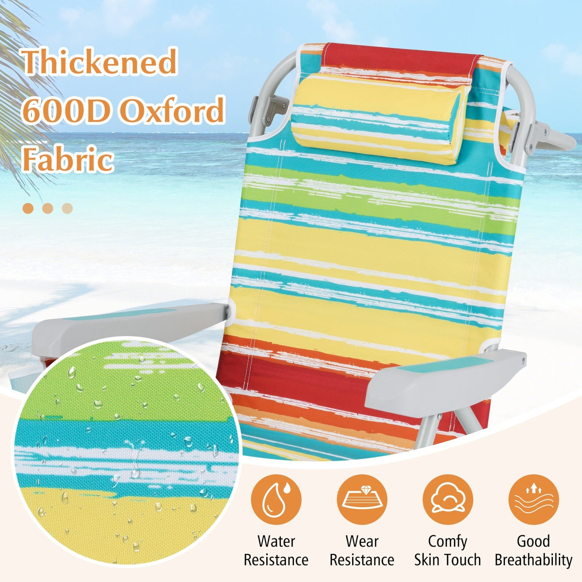 Foldable Backpack Beach Chair with Cup Holder and Storage Pockets Set of 2-Multicolor view 6