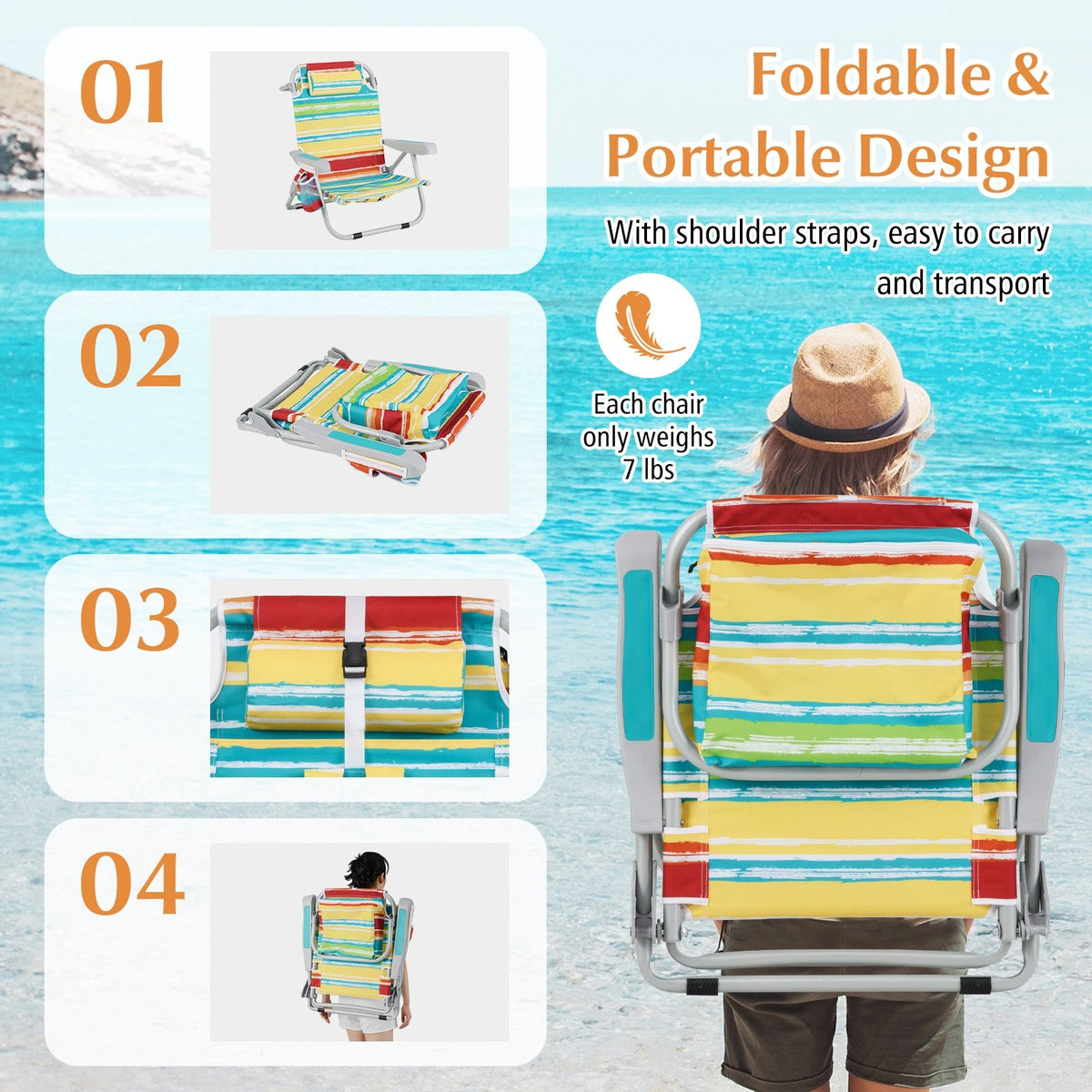 Foldable Backpack Beach Chair with Cup Holder and Storage Pockets Set of 2-Multicolor view 7