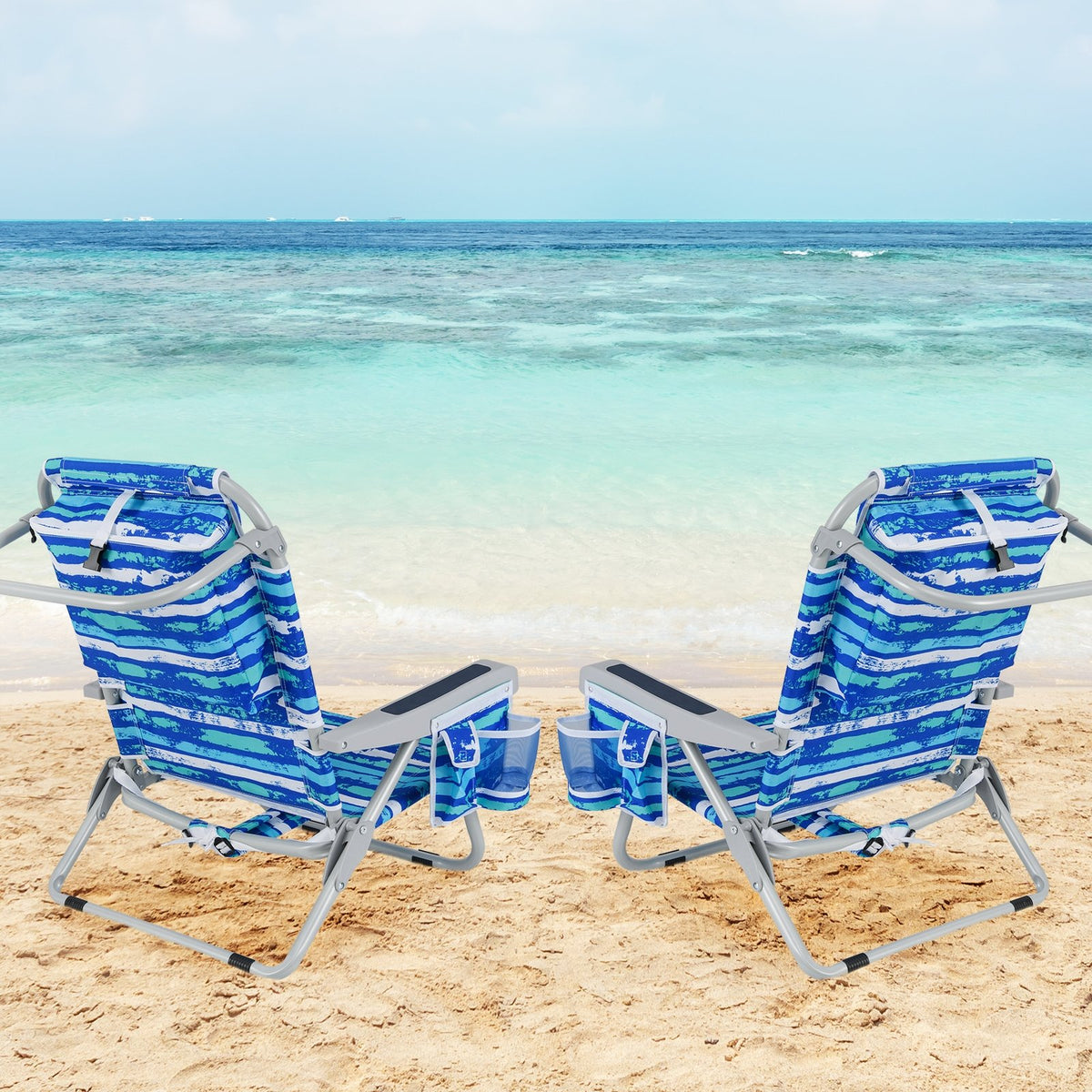 Foldable Backpack Beach Chair with Cup Holder and Storage Pockets Set of 2-Navy view 3