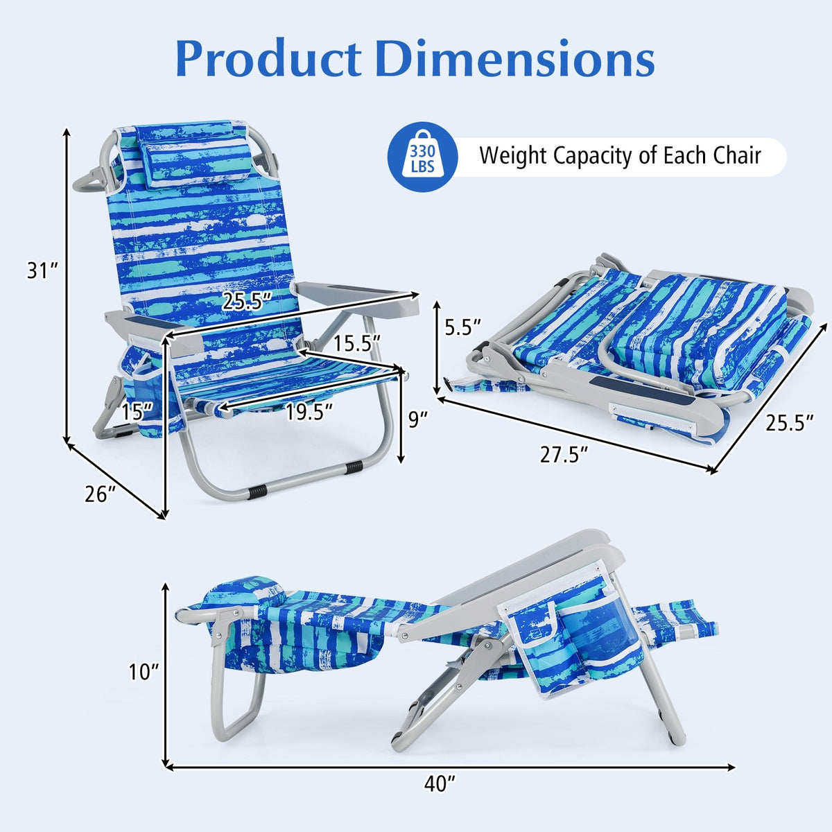 Foldable Backpack Beach Chair with Cup Holder and Storage Pockets Set of 2-Navy view 4