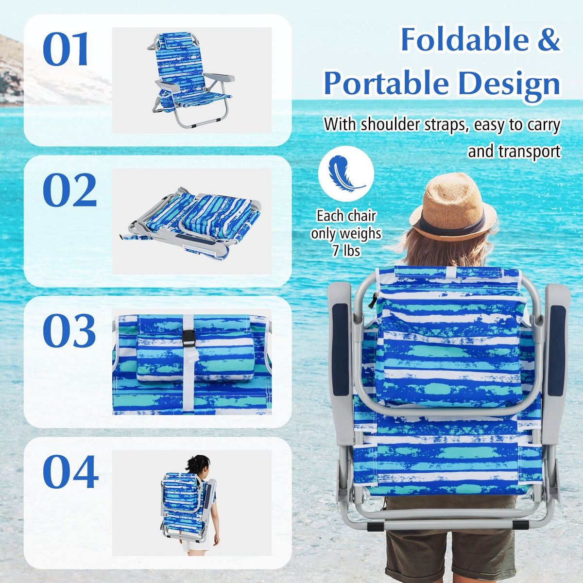 Foldable Backpack Beach Chair with Cup Holder and Storage Pockets Set of 2-Navy view 8