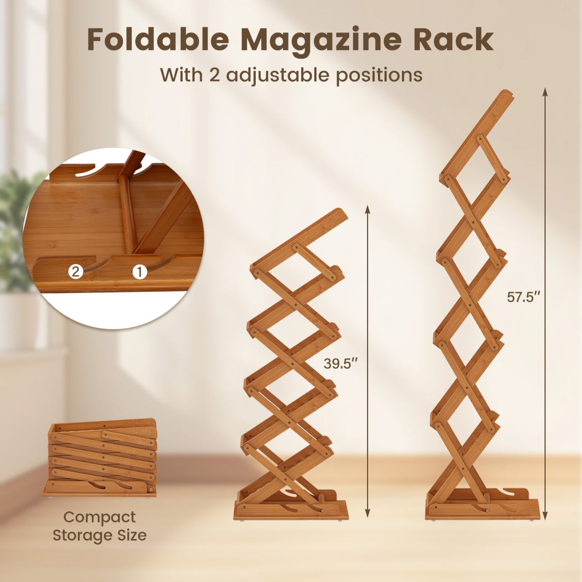 Foldable Bamboo Magazine Rack with 2 Adjustable Positions-Walnut view 6