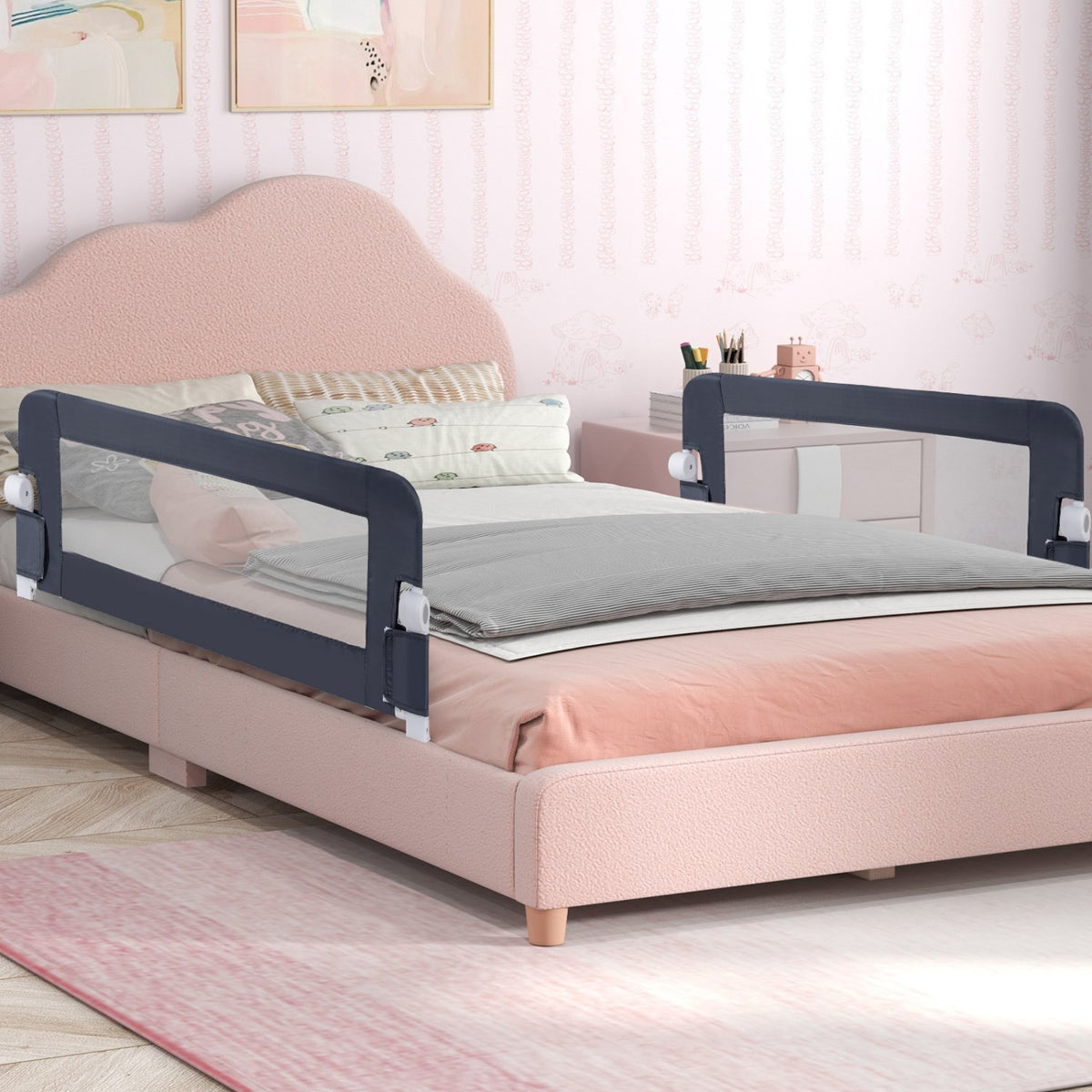 Foldable Bed Rail Swing Down Baby Bed Guard Rail-Gray view 2