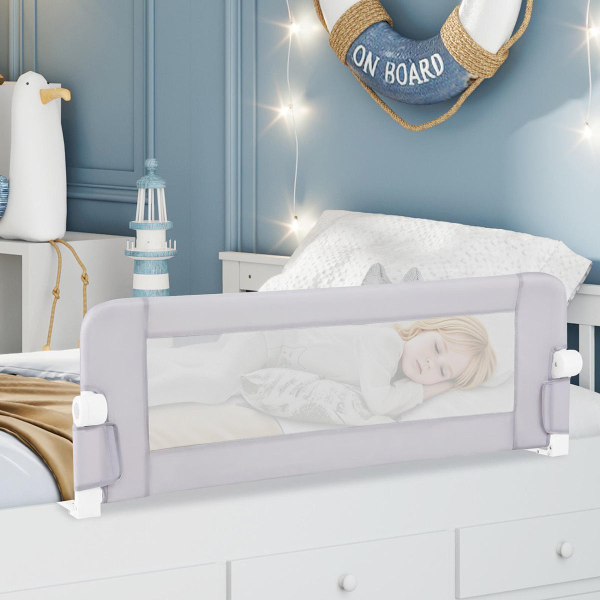 Foldable Bed Rail Swing Down Baby Bed Guard Rail-Light Gray view 2
