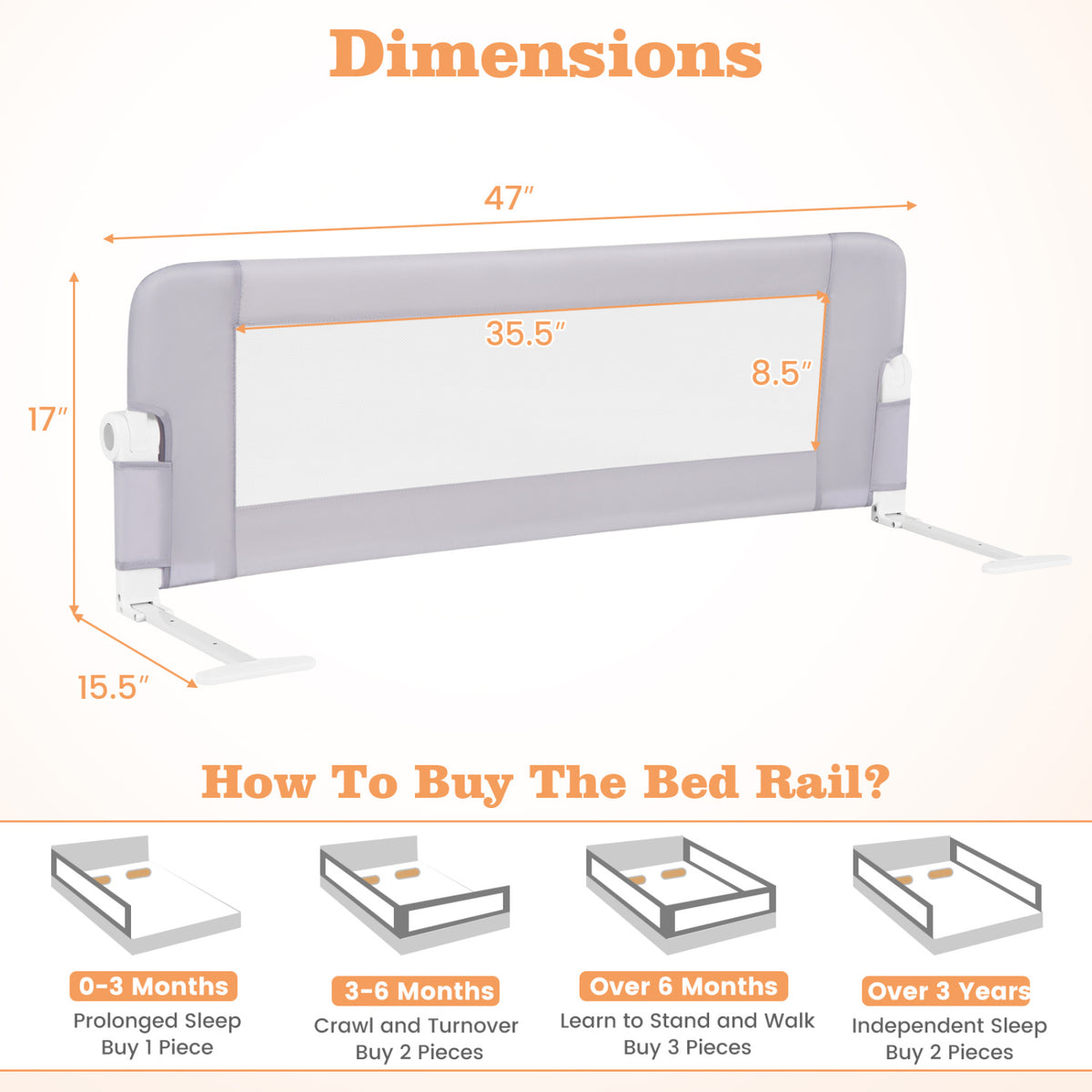 Foldable Bed Rail Swing Down Baby Bed Guard Rail-Light Gray view 5