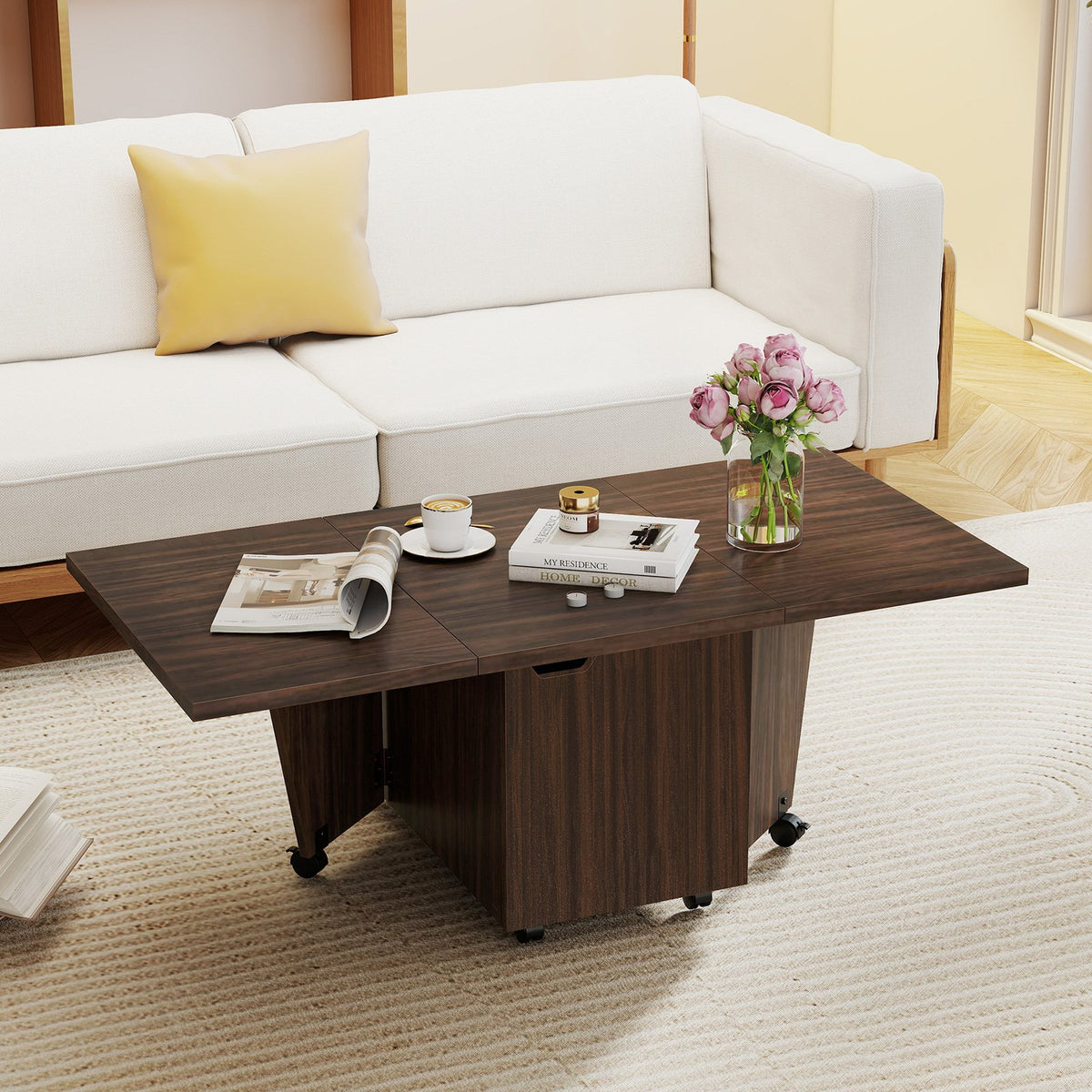 Foldable Coffee Table with Storage Cabinet Extendable Center Table-Walnut view 2
