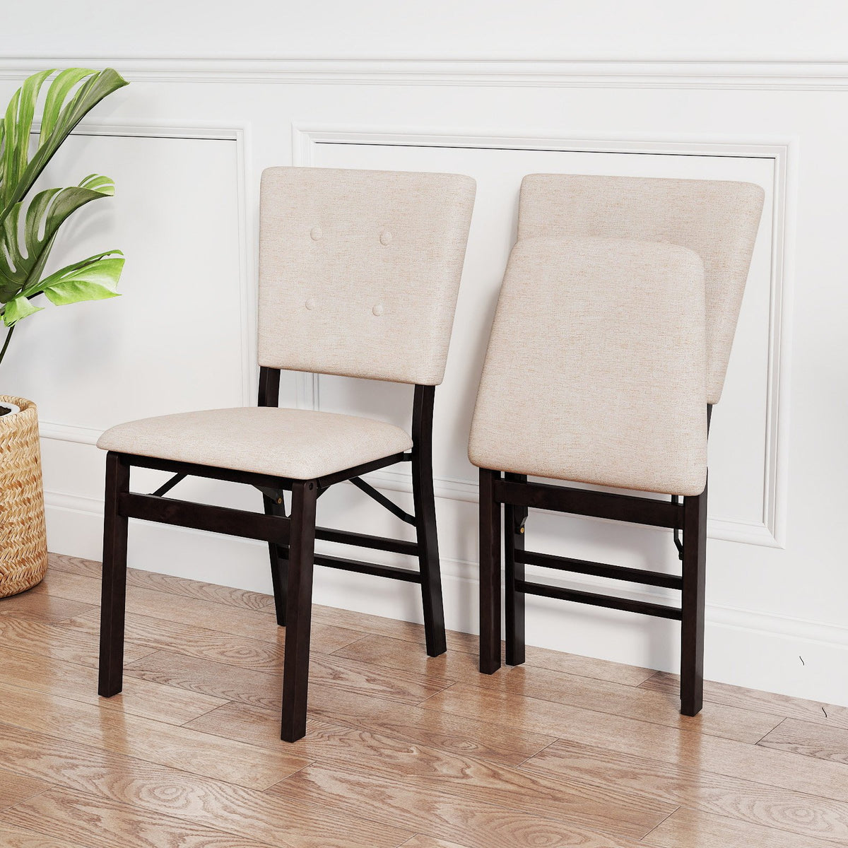 Foldable Dining Chair Set of 2 Armless Kitchen Chair with Padded Seat and Tilt Backrest-Beige view 3