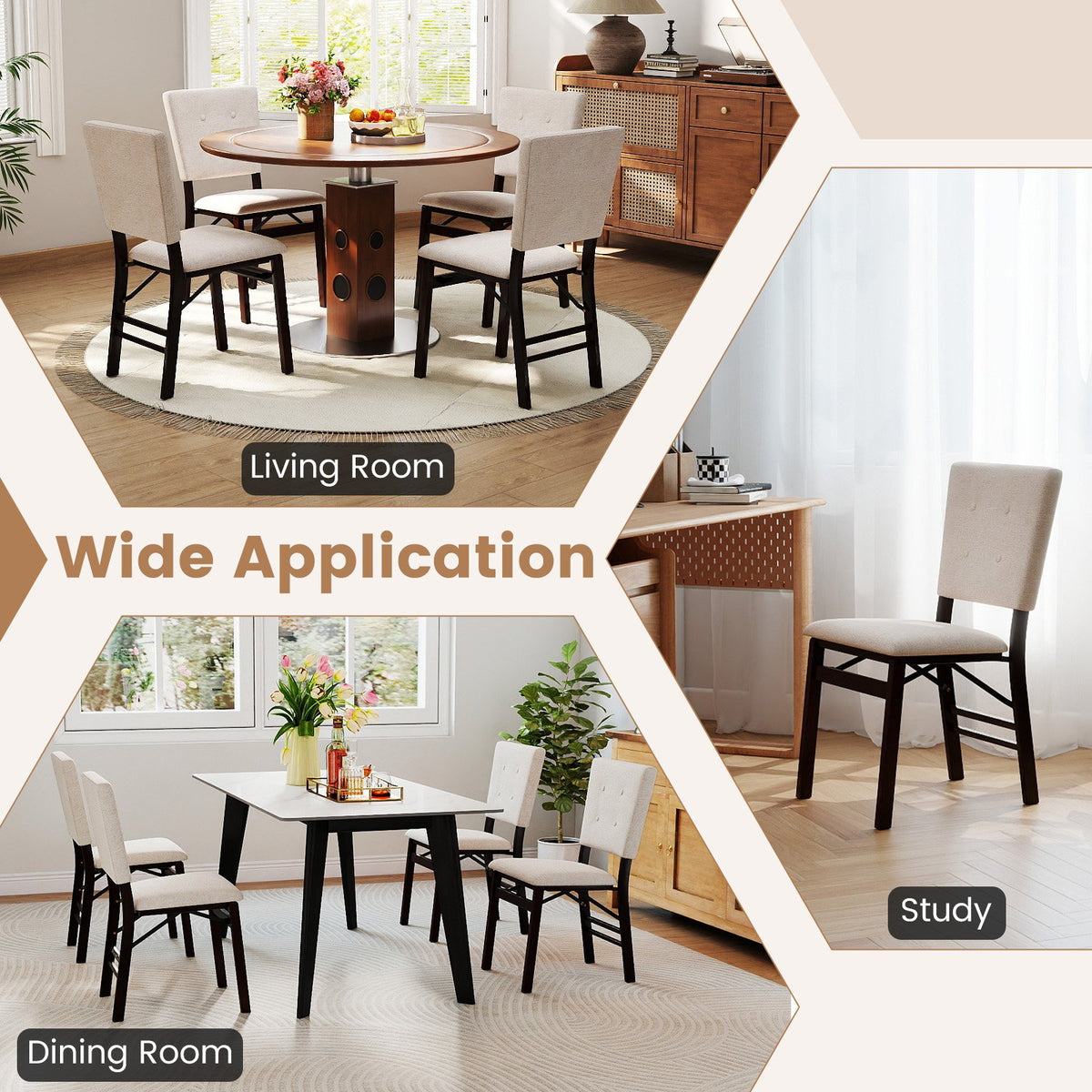 Foldable Dining Chair Set of 2 Armless Kitchen Chair with Padded Seat and Tilt Backrest-Beige view 8