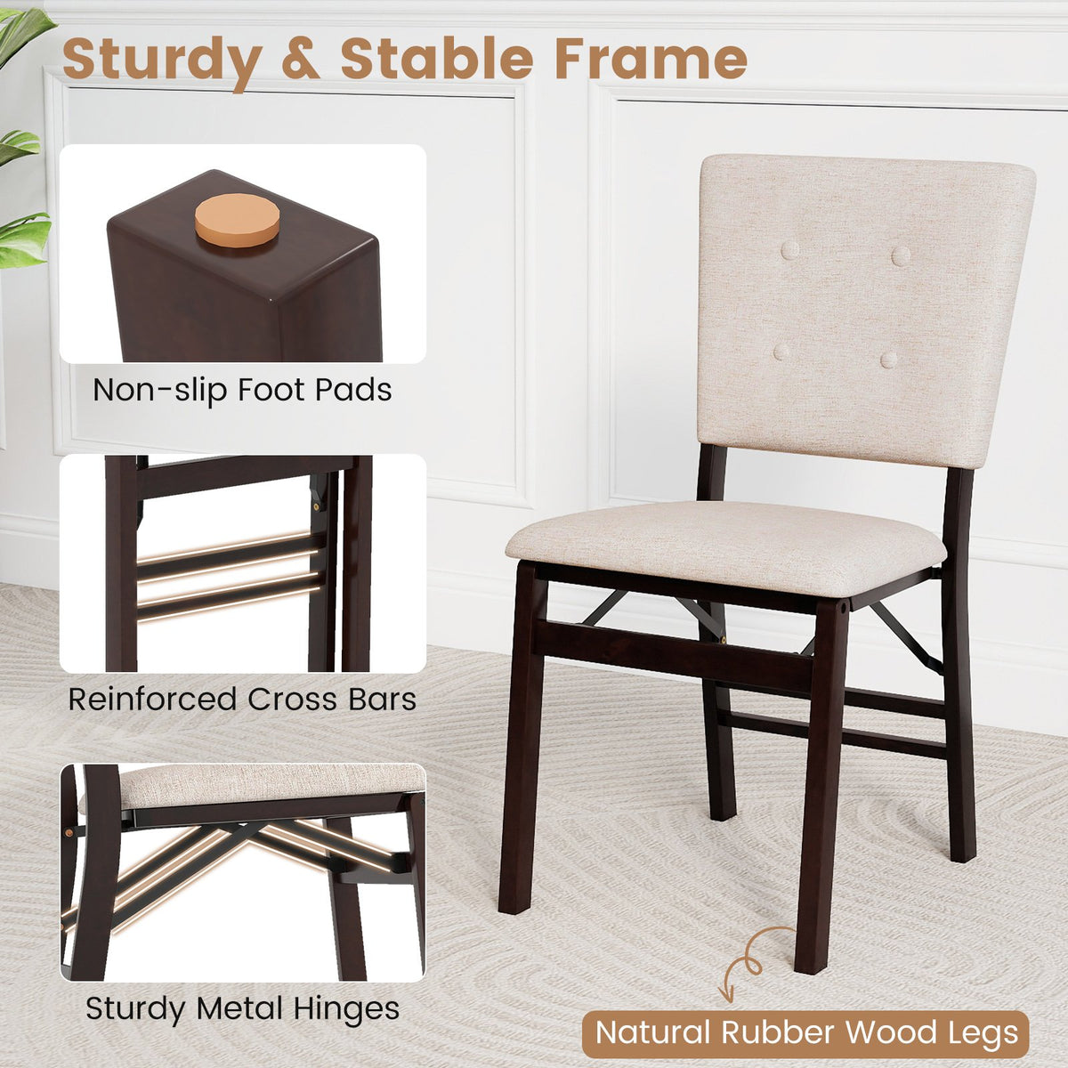 Foldable Dining Chair Set of 2 Armless Kitchen Chair with Padded Seat and Tilt Backrest-Beige view 9