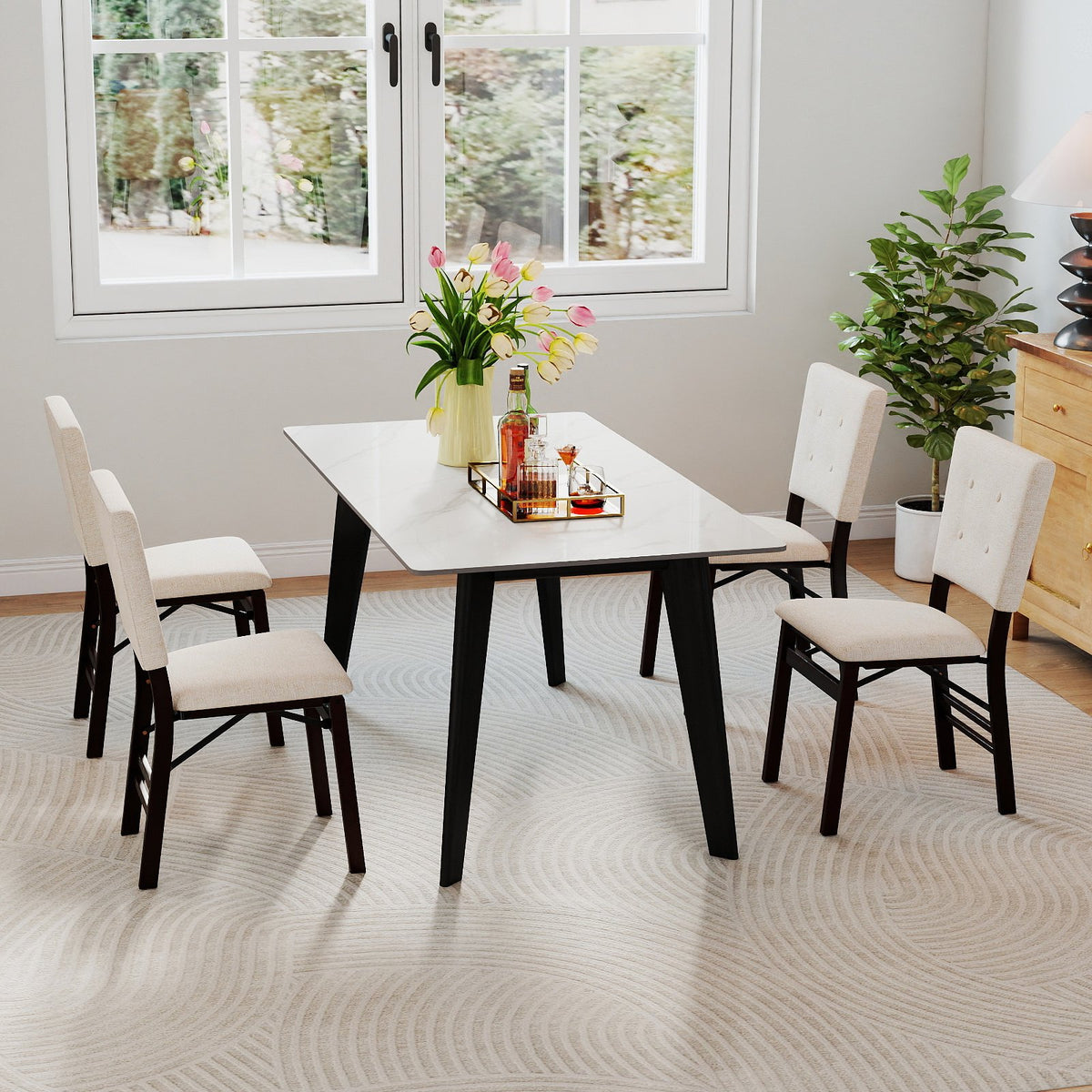 Foldable Dining Chair Set of 4 Armless Kitchen Chair with Padded Seat and Tilt Backrest-Beige view 2