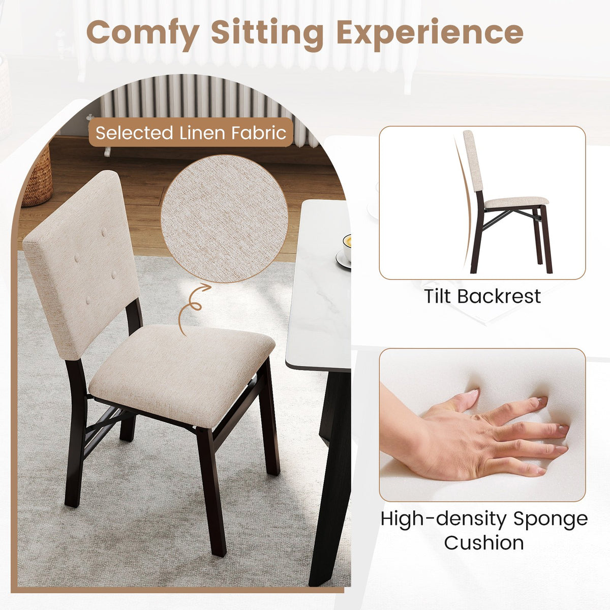 Foldable Dining Chair Set of 4 Armless Kitchen Chair with Padded Seat and Tilt Backrest-Beige view 4