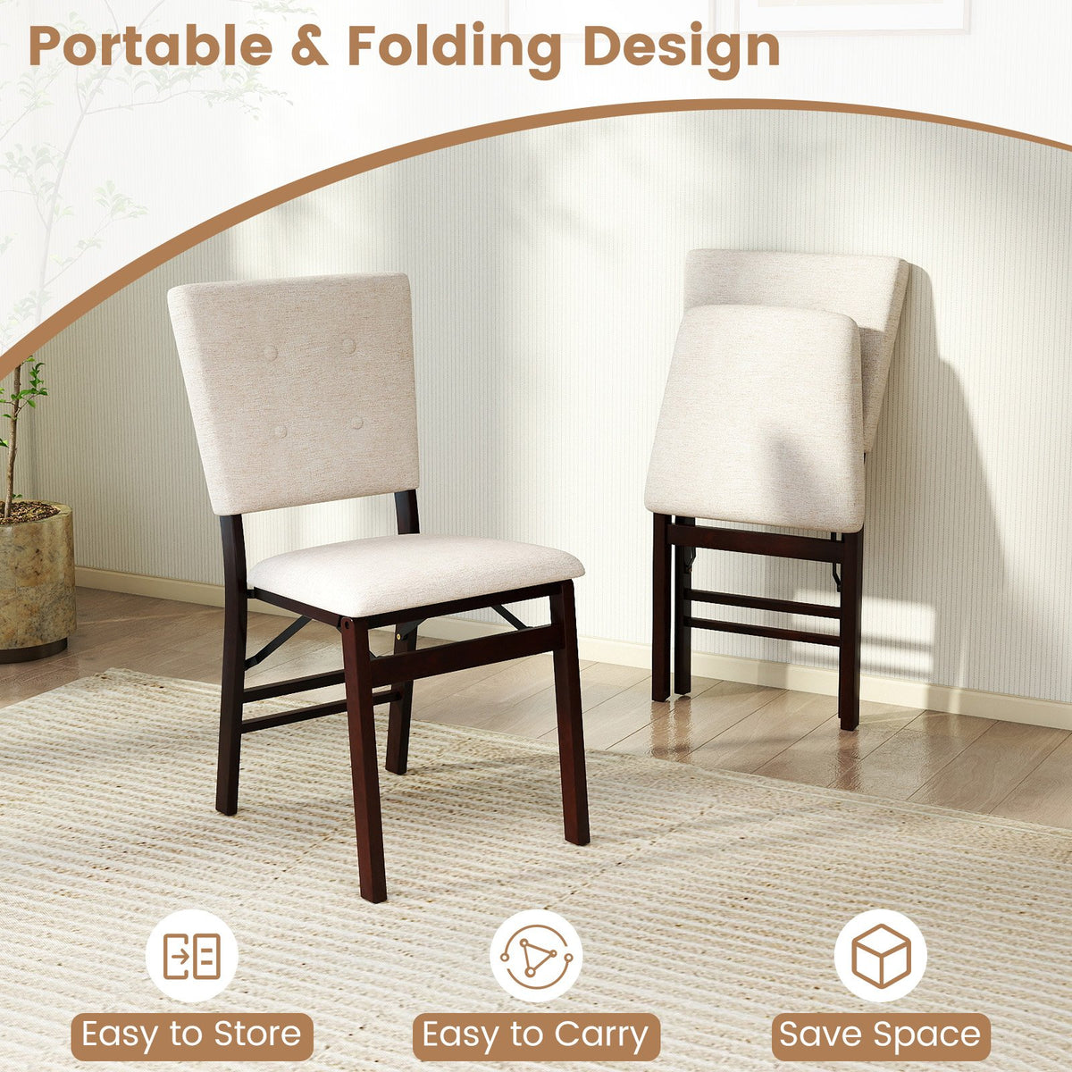 Foldable Dining Chair Set of 4 Armless Kitchen Chair with Padded Seat and Tilt Backrest-Beige view 5