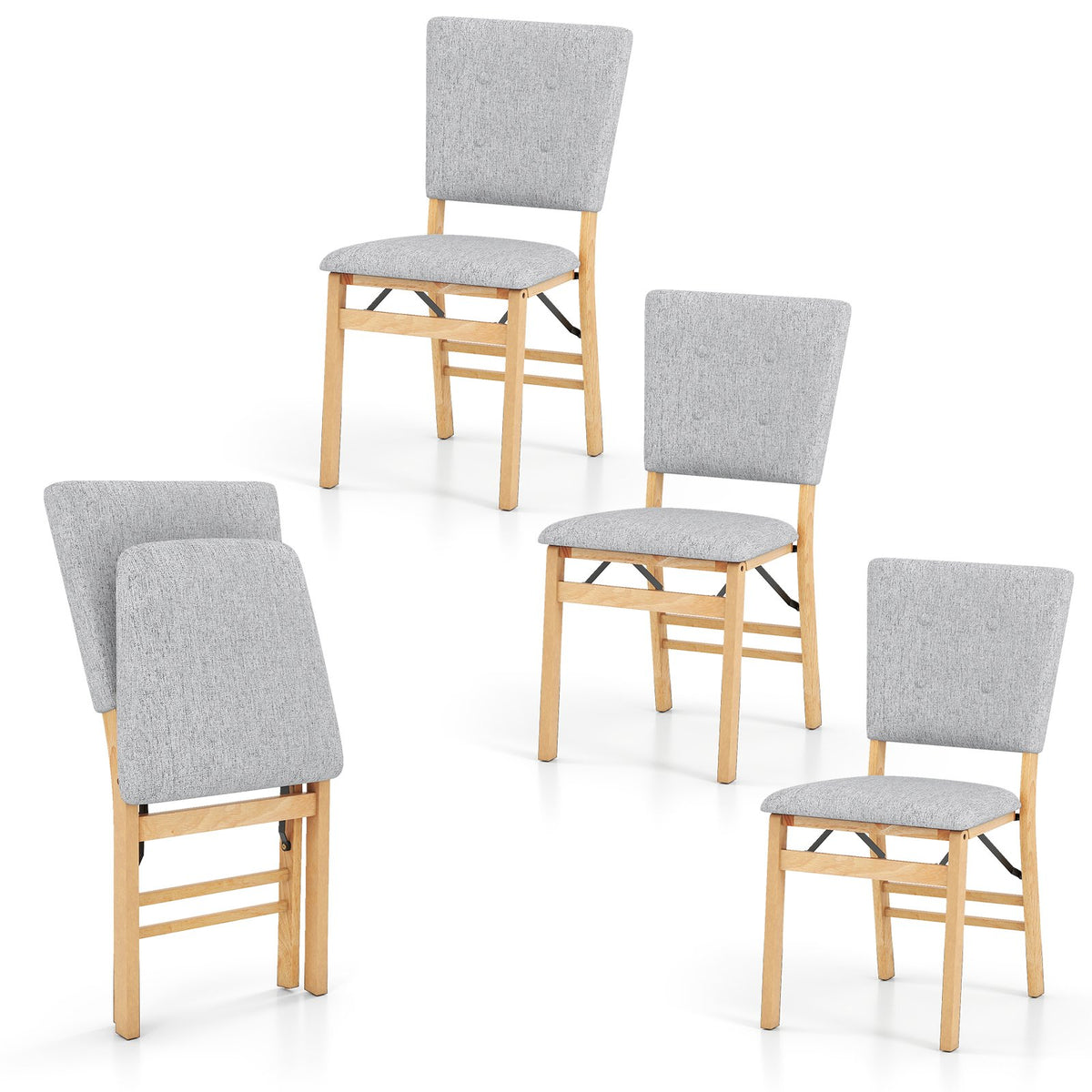 Foldable Dining Chair Set of 4 Armless Kitchen Chair with Padded Seat and Tilt Backrest-Gray