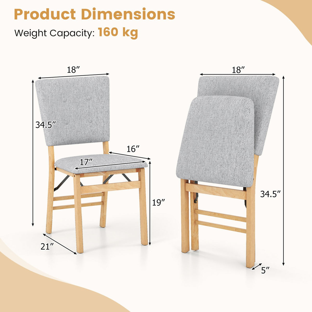 Foldable Dining Chair Set of 4 Armless Kitchen Chair with Padded Seat and Tilt Backrest-Gray view 3
