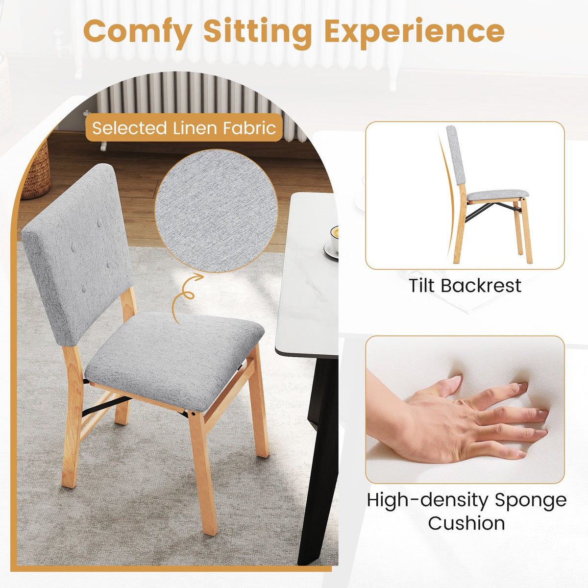 Foldable Dining Chair Set of 4 Armless Kitchen Chair with Padded Seat and Tilt Backrest-Gray view 5